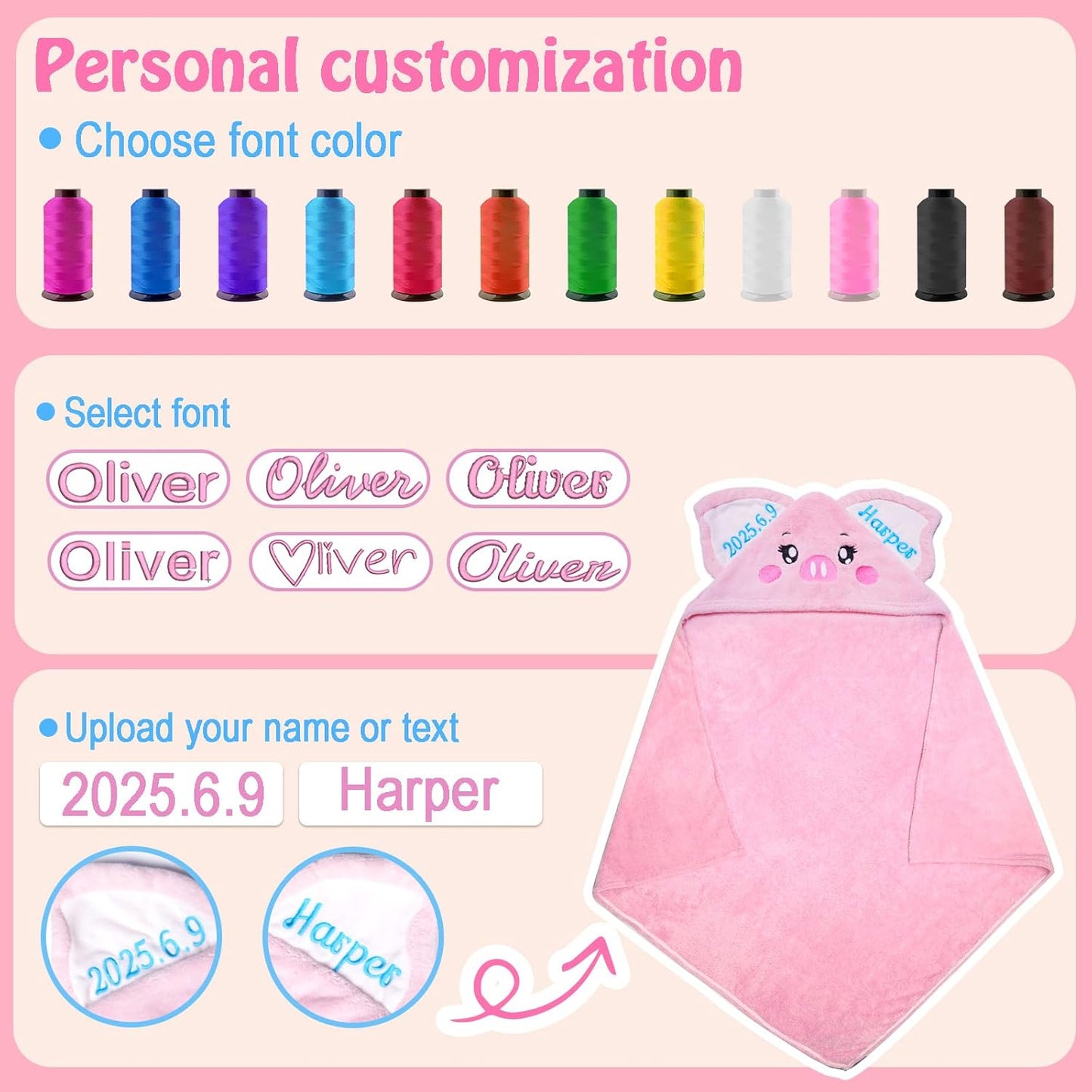 Custom Hooded Bath Towel with Name, Personalized Highly Absorbent Bunny Towels, Baby Bath Towels for Girls Boys, Brithday for Baby, Toddler, Newborn (Piglet-Pink)