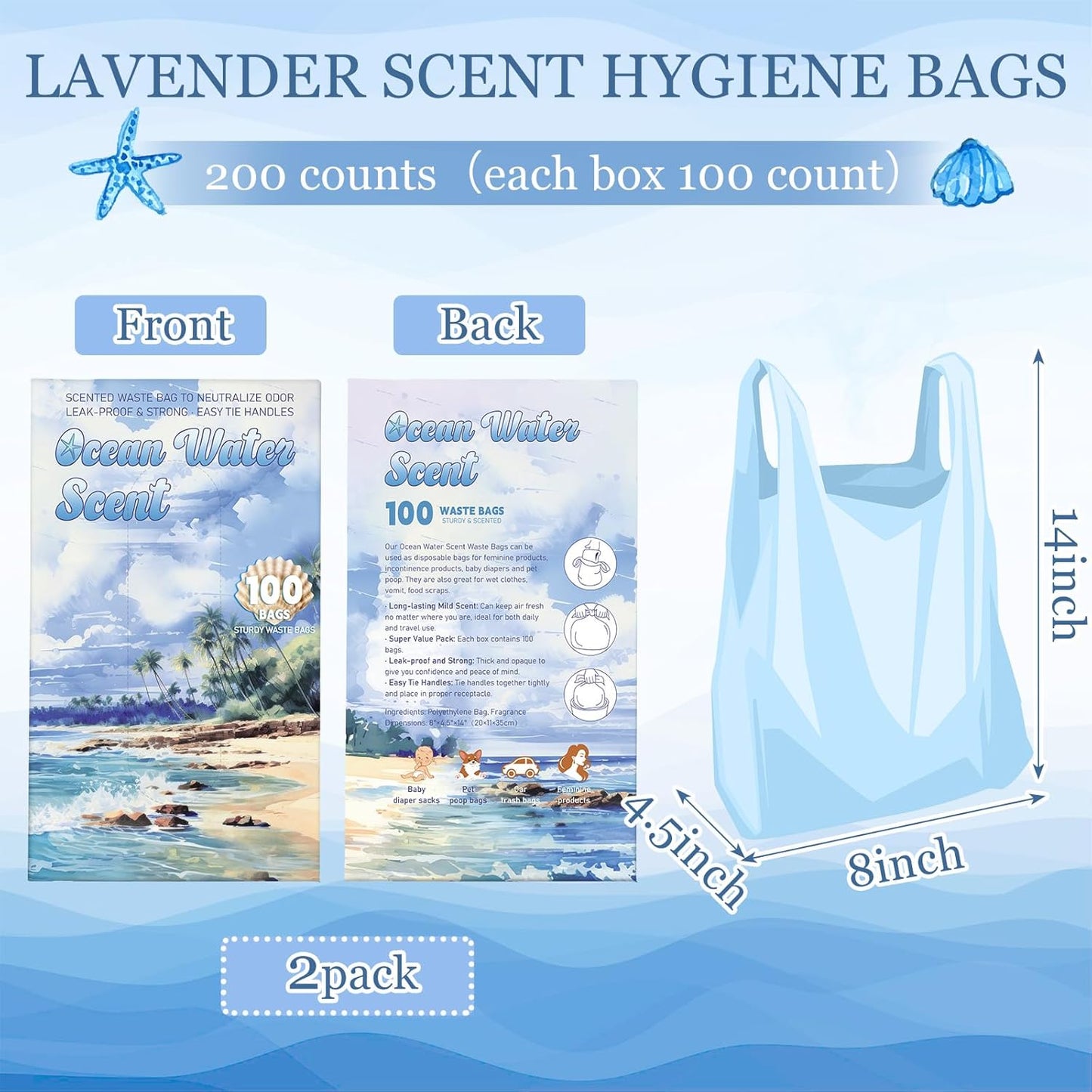 200 Count Ocean Water Scented Small Trash Bags Small Diaper Baggies for Adult Briefs Feminine Hygiene Baby Diaper Disposable Bags Pet Waste Sacks with Easy-to-tie Tabs