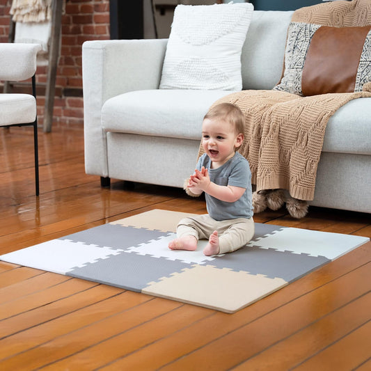 MioTetto Baby Play Mat, Comfortable Tummy Time Mat – Portable Foam Floor Tiles, Safe baby mat for floor for Crawling & Development, Soft play mat for babies 0-6 months, Stylish interlocking foam tiles