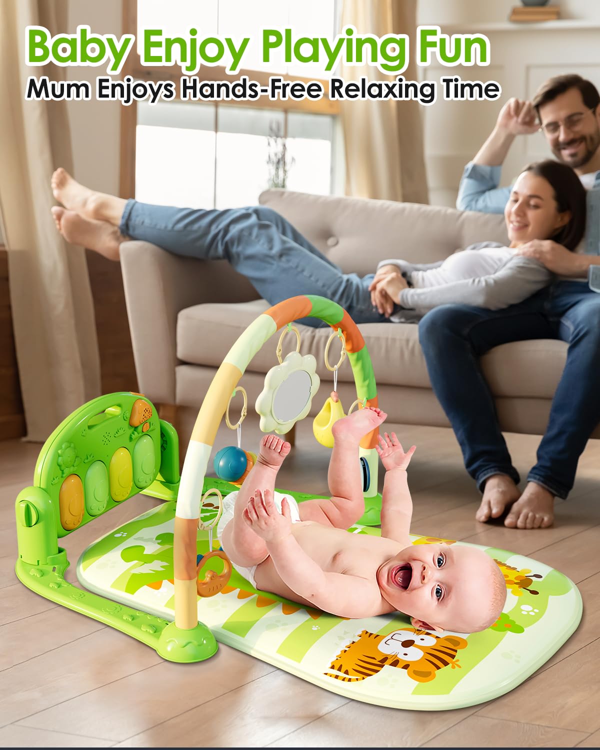 dearlomum Baby Play Mat Gym, Funny Play Piano Tummy Time Activity Mat with 5 Infant Sensory Toys, Music and Lights, Boy & Girl Gifts for Newborns 0 to 3 6 9 12 Months (Green)