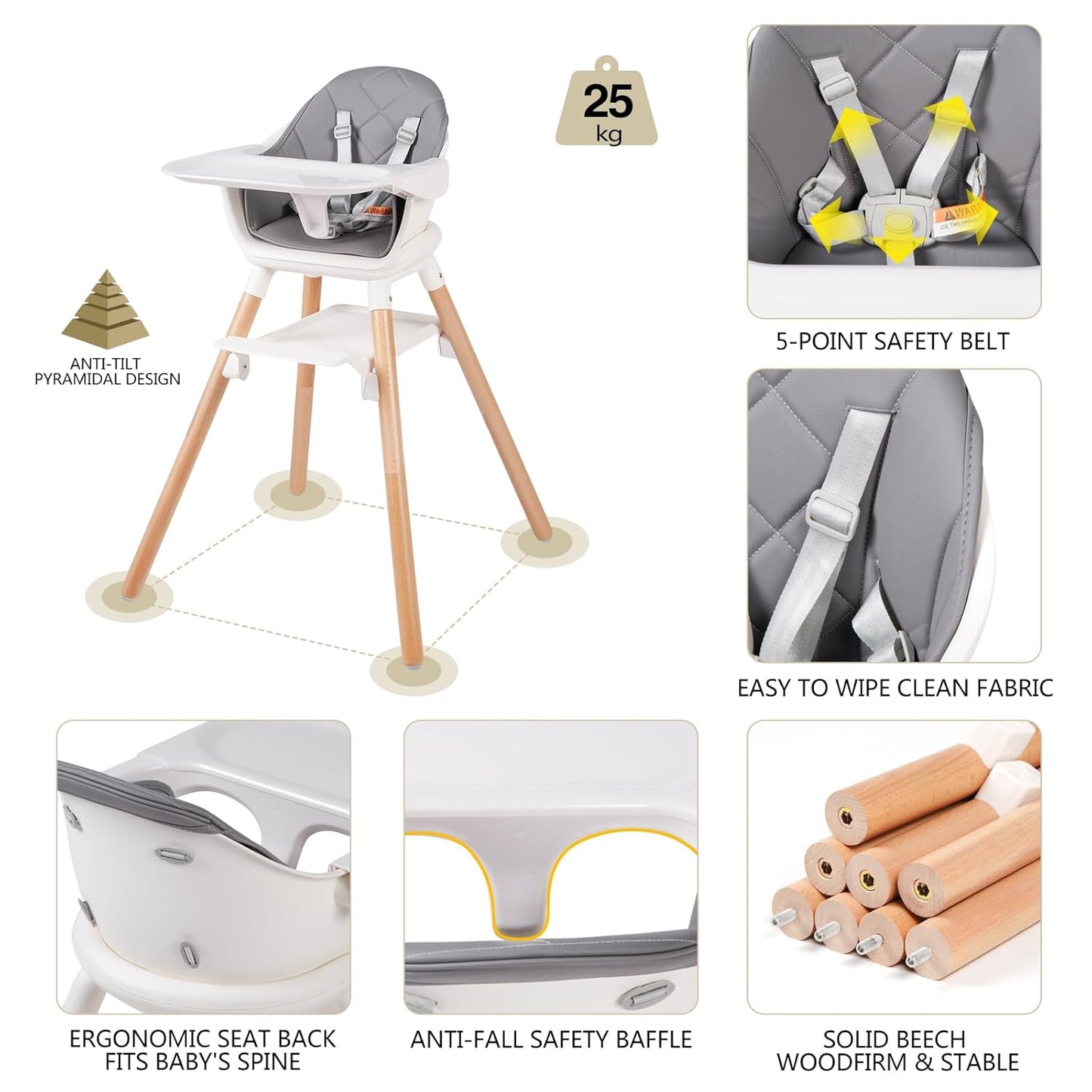 6 in 1 Baby High Chair, Convertible Wooden High Chairs/Booster Seat for Babies and Toddlers, Baby Feeding Chair with 5-Point Harness/Double Removable Tray & Adjustable Footrest (Grey)