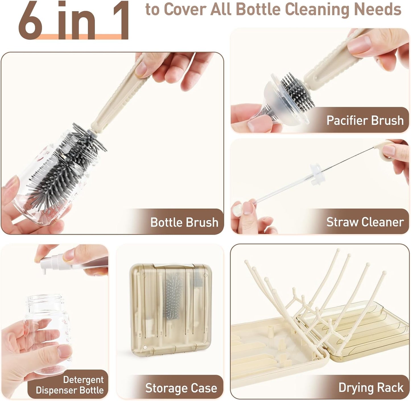 Baby Bottle Brush Set, 6-in-1 Travel Bottle Cleaning Kit with Silicone Bottle Brush, Nipple & Straw Brush, Soap Dispenser, Drying Rack, Storage Box – Compact Travel Baby Essential for Home & On-The-Go