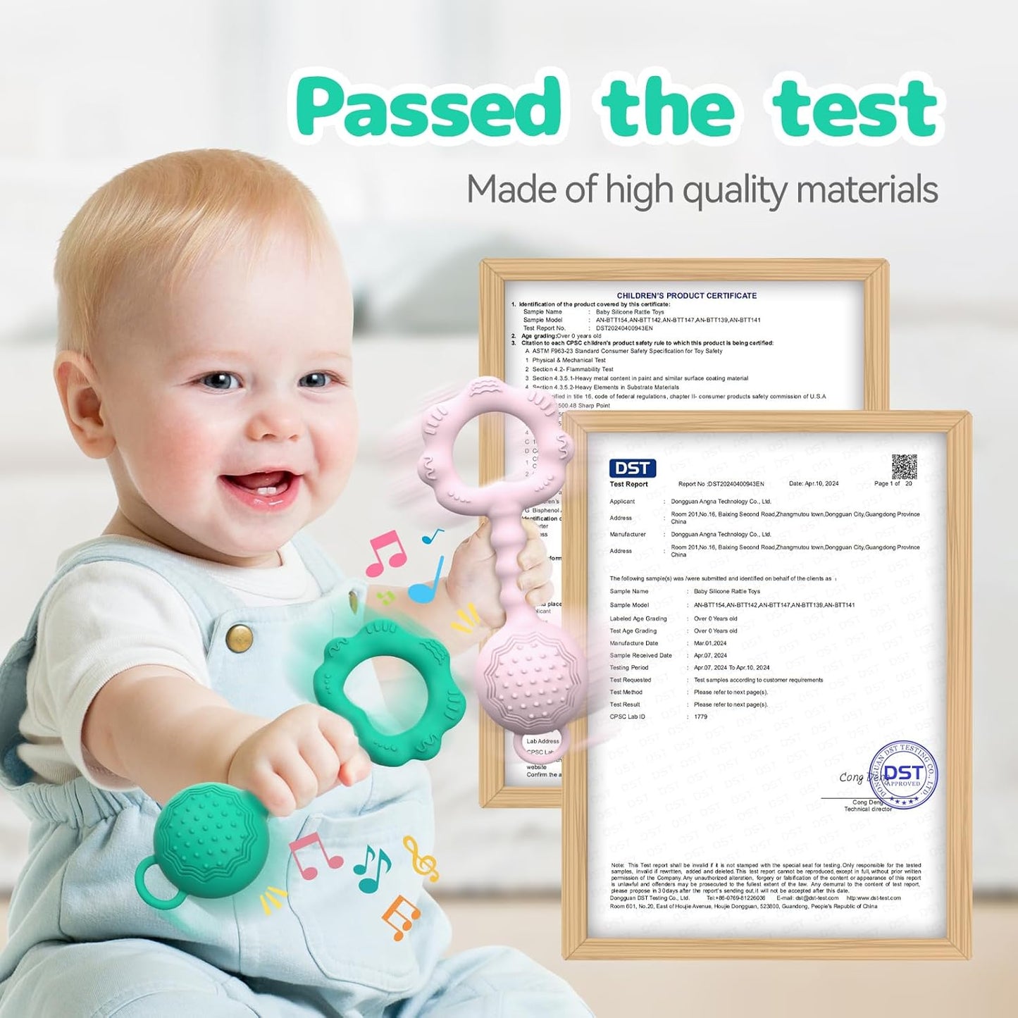 2 Pcs Baby Rattle Teether, 2-in-1 Rattle and Teether Toy for Soothing Sore Gums and Keeps Little Ones Entertained, Food Grade Silicone (Spearmint+Pink)