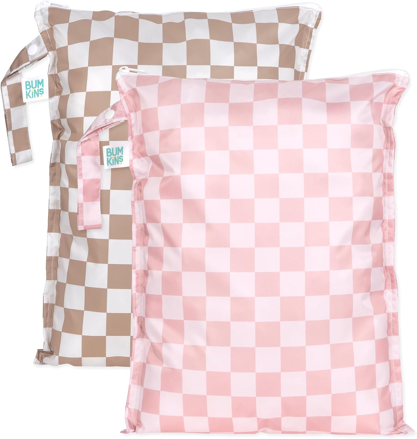 Bumkins - Larger Waterproof Wet Bag - For Baby, Travel, Swim Suit, Cloth Diapers, Pump Parts, Pool, Gym, Toiletry, Strap to Stroller - Reusable & Easy to Clean - 2pk - Beige & Pink Check