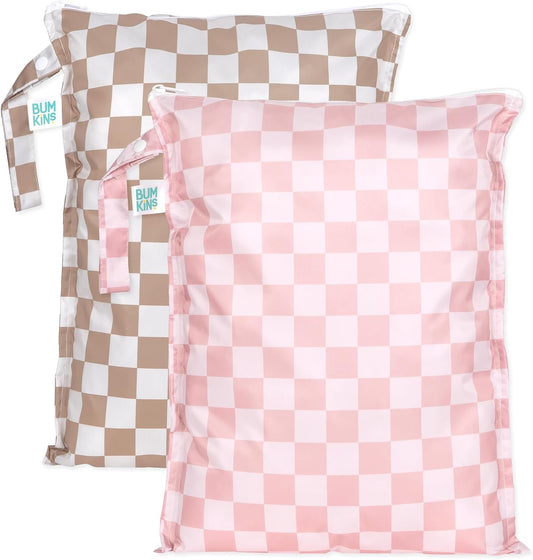 Bumkins - Larger Waterproof Wet Bag - For Baby, Travel, Swim Suit, Cloth Diapers, Pump Parts, Pool, Gym, Toiletry, Strap to Stroller - Reusable & Easy to Clean - 2pk - Beige & Pink Check