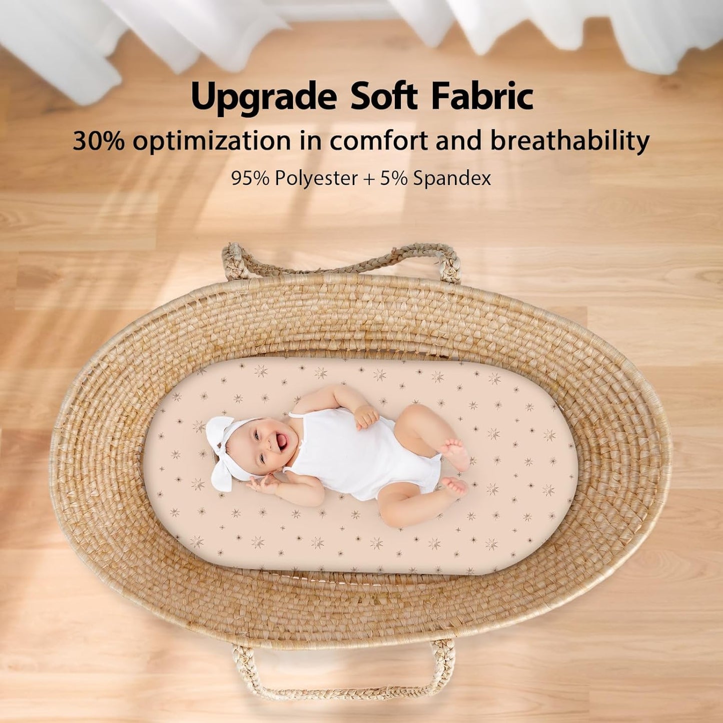 Baby Bassinet Sheets Girl Boy, Fitted Bassinet Sheet Set 3 Pack Bassinet Mattress Sheets Universal Fit for Rectangle, Round, Oval, Hourglass Mattress, Soft Breathable White Brown Sun God