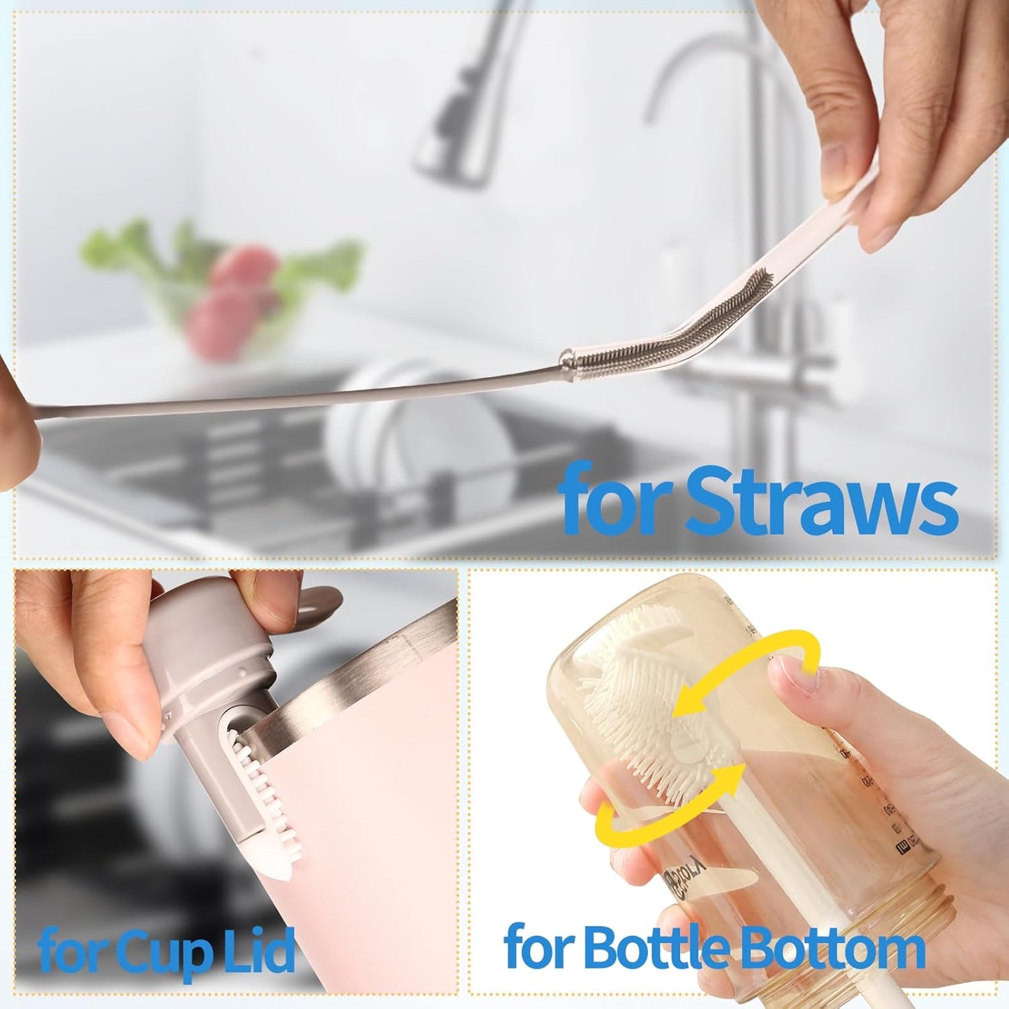 15.7" Silicone Bottle Brush Set - 6 Pack Water Bottle and Straw Cleaner Brush Long Handle for Hydro Flasks, Sports Bottles & Reusable Straw, Narrow Neck Containers, Tumblers, Glassware