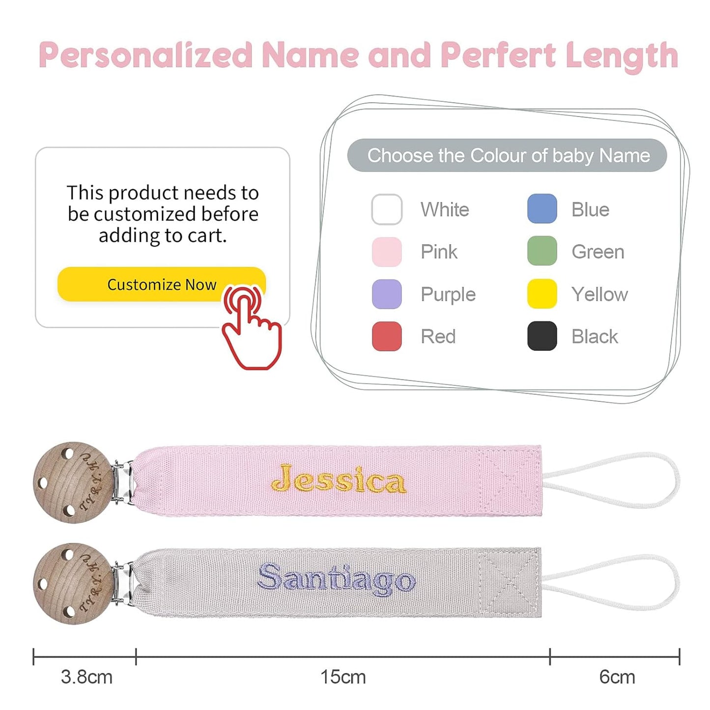 TYRY.HU Personalized Pacifier Clip with Name, Embroidery Webbing Pacifier Holder for Baby Girls and Boys, Neutral Pacifier Leash Universally Fit All Pacifiers & Baby Toys, 2 Pack Baby Gift(Grey, Pink)