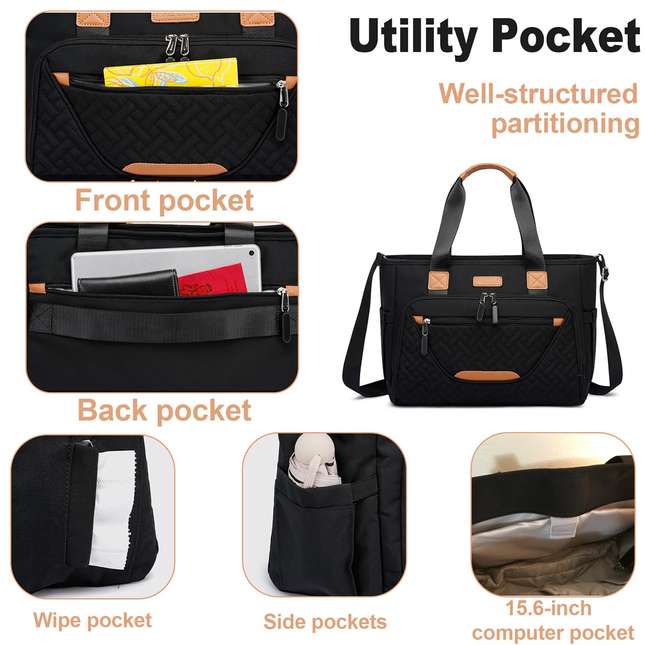 Diaper Tote Bag, 4 in 1 Tote Diaper Bag with 16" Laptop Compartment, Baby Bag with 3 Insulated Pocket for Mam and Dad, Ideal for Travel, Work (Black)