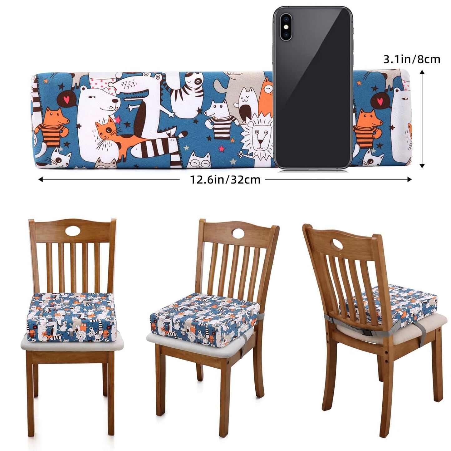 Zicac Portable Toddler Booster Seat for Dining Table, Safer Non-Slip Kids Booster Seat with Double Adjustable Straps, Washable Detachable Strong Support Increasing Cushion for Child (White Blue)