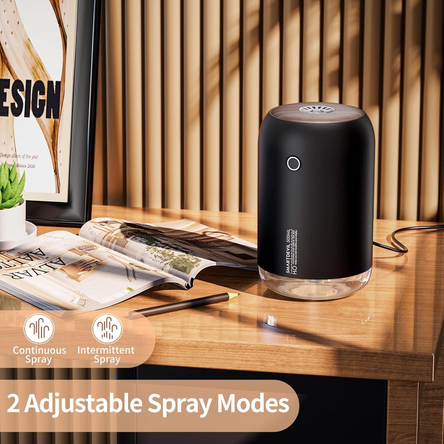 SmartDevil Portable Mini Humidifier, 500ml Desk Plant Humidifier, USB Personal for Bedroom, Office with Night Light, 2 Mist Modes, Black