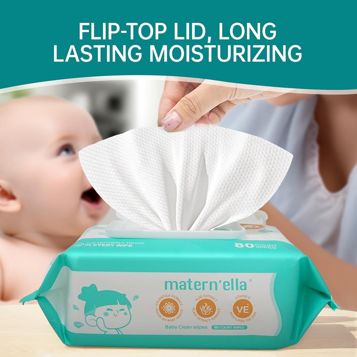 MATERN'ELLA Baby Wipes, Diaper Wipes for Sensitive Skin, Wet Wipes with 99% Water Based, Hypoallergenic, Safe and Gentle, 4 Flip-Top Packs (320 Wipes Total)