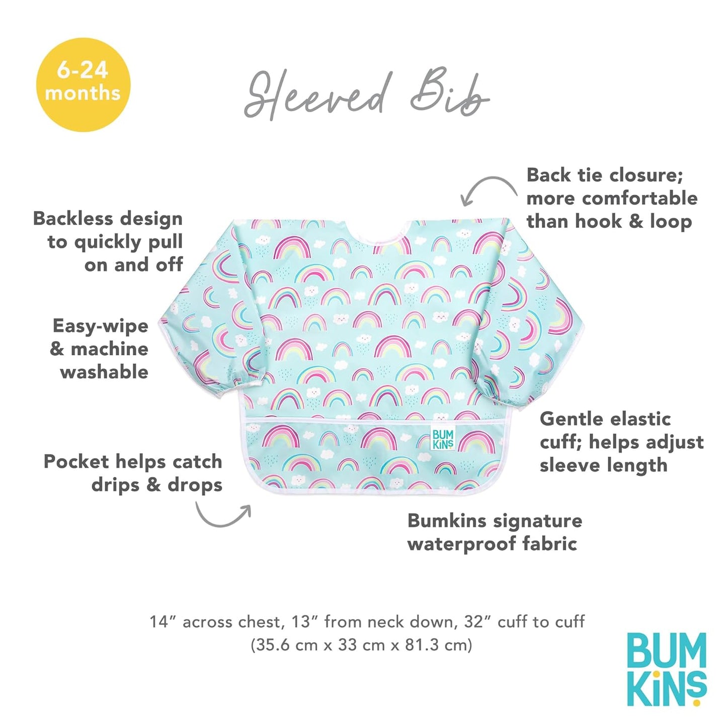 Bumkins Sleeved Bib, Waterproof Fabric, Unicorns & Rainbows, 2-pack