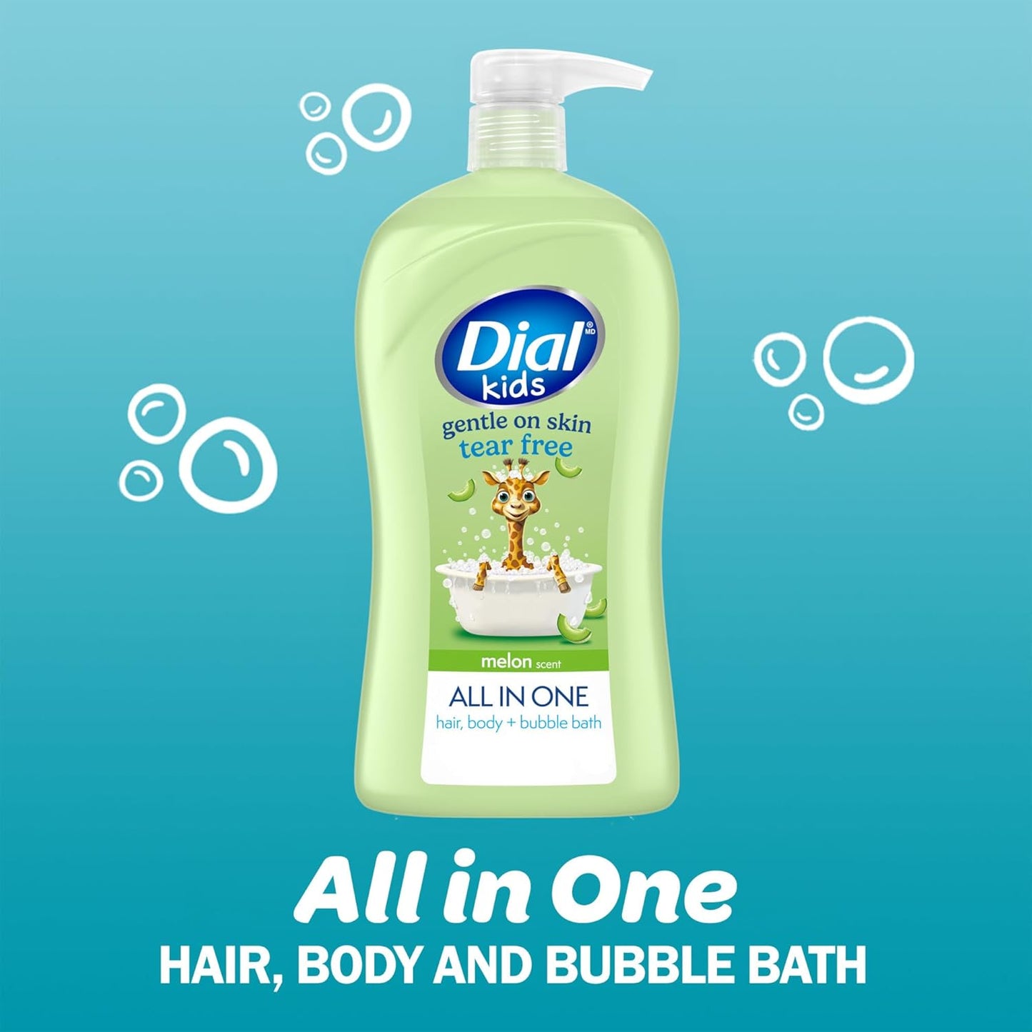 Dial Kids All-in-1 Body Wash + Hair + Bubble Bath, Melon Scent, 32 Fl Oz, Hypoallergenic Body Wash & Shampoo, No Tears Formula for Kids 2+ Years, No Parabens & Silicones