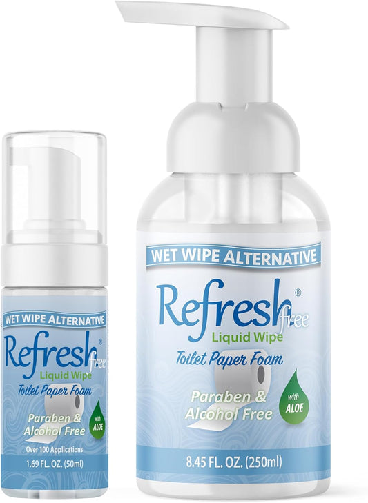 Refresh Liquid Wipe Toilet Paper Foam | Eco-Friendly Wet Wipe Alternative For Sensitive Skin with Aloe and Witch Hazel | Plumbing Safe | Alcohol Free | 250ml & 50ml Combo | Total 10.14 oz
