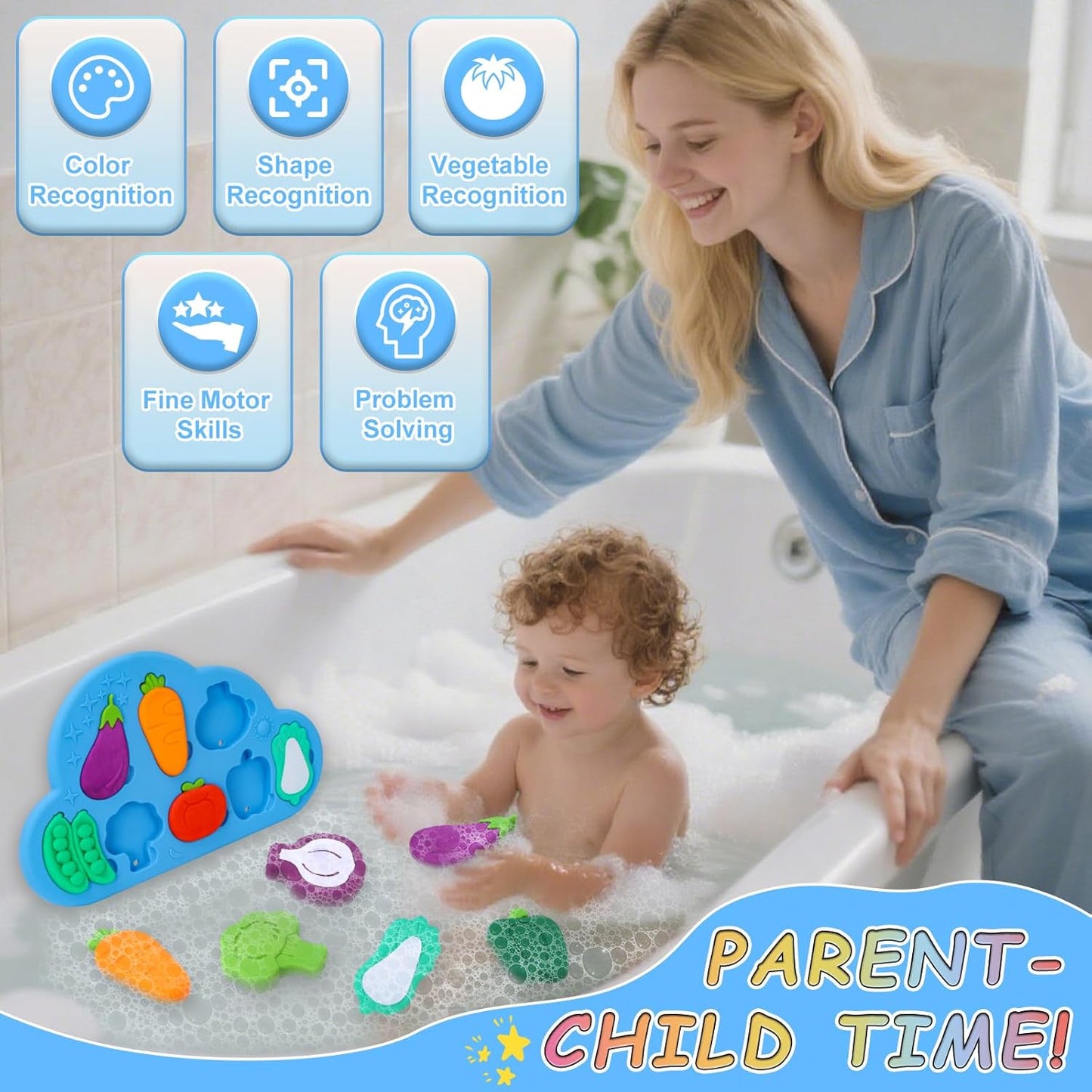 Baby Bath Toys, Premium Silcone Mold Free Vegetable Bath Toys, Soft Toddlers Floating Bathtub Toy, No Hole Tub Water Toys, Shape Sorting&Matching Educational Learning Toy Gift for Boys Girls Kids