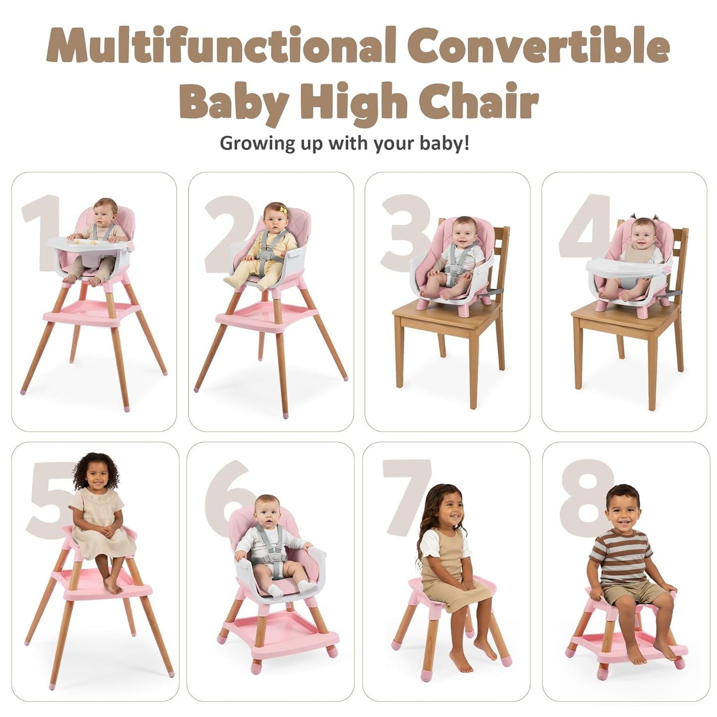 8 in 1 Wooden High Chairs for Babies Toddlers, Convertible to Booster Seat, Baby Feeding Highchair w/ 5-Point Safety Harness, Removable Tray & Cushion, Pink