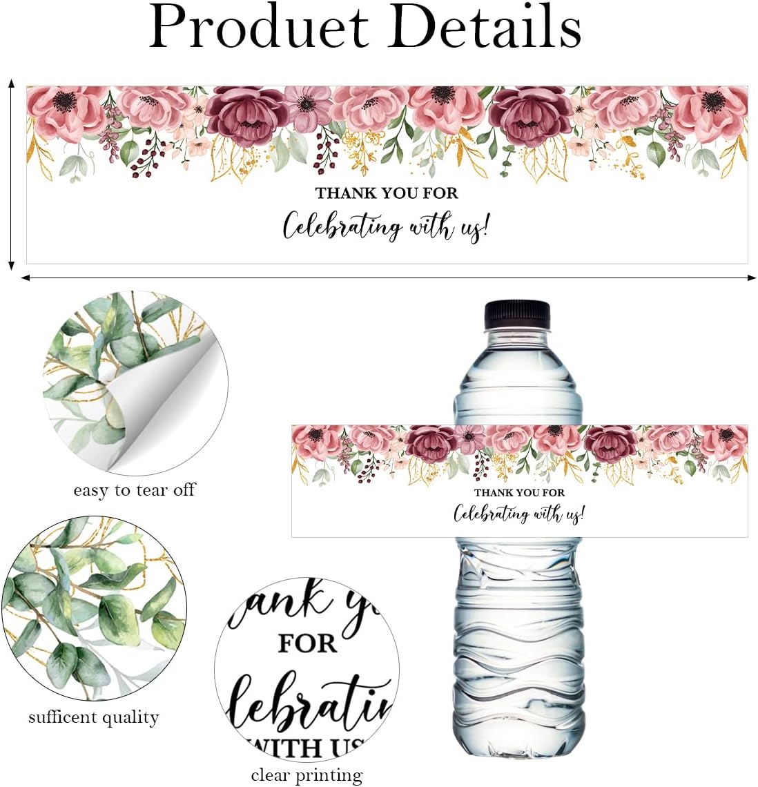 100PCS Wedding Water Bottle Labels Waterproof Greenery Floral Wraps Sticker for Water Bottle Baby Shower Bottle Label for Bridal Shower Party Thanks A14