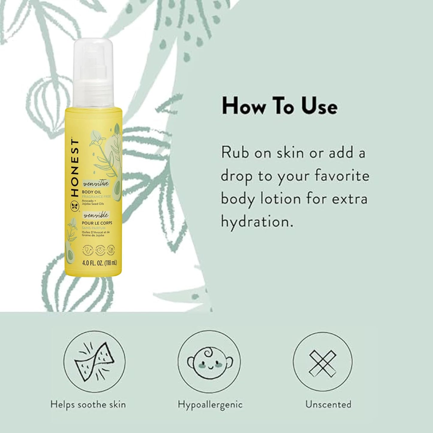 The Honest Company Fragrance Free Moisturizing Body Oil | Nourish + Soothe Baby's Skin | Plant-Based, Hypoallergenic, Vegan | 4.0 fl oz