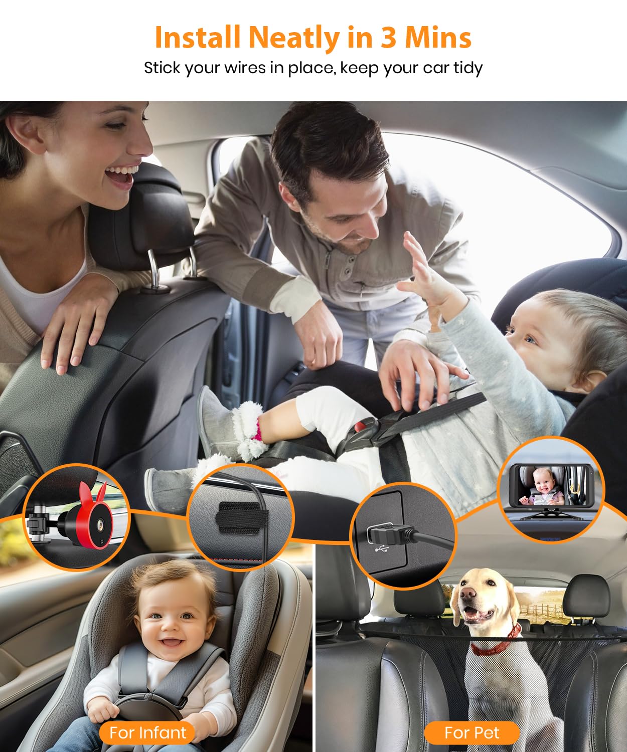 Babyvue BV2 Baby Car Camera, 4.5'' HD 1080P USB Rear-Facing Mirror, IR Night Vision, 360° Adjustable, Plug & Play Backup Monitor for Child & Pet Safety