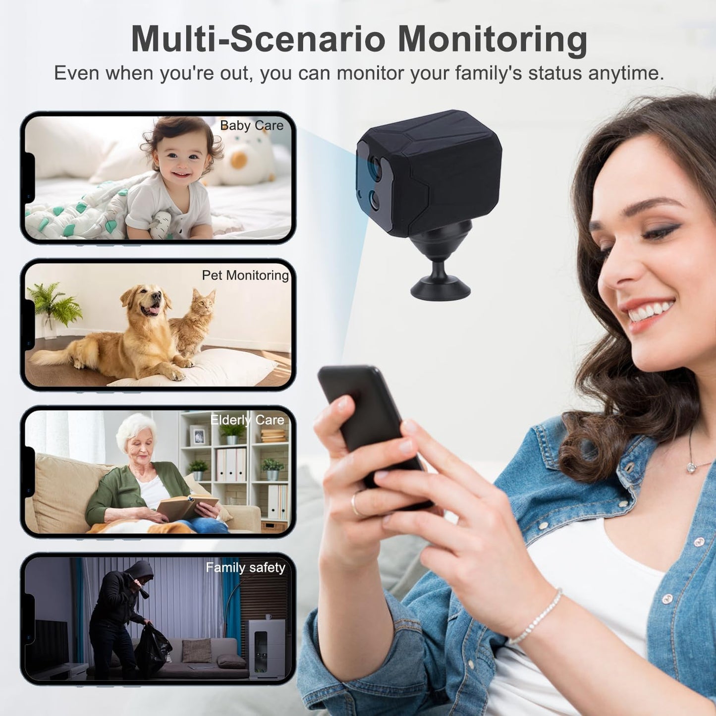 ZHENHAN 1440P HD Mini Wireless Camera Indoor Security Rechargeable Camera Motion Detection, Night Vision, 100-Day Battery, Cloud/SD Storage & App Control Nanny/Pet/Baby Monitor(Black)