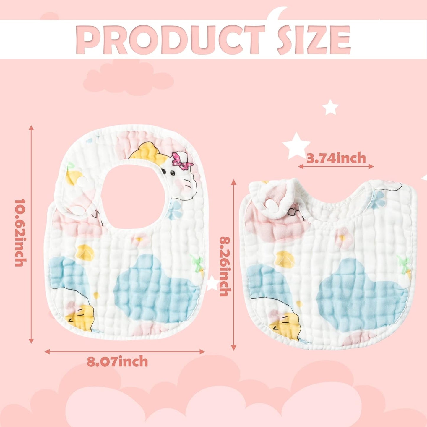 Zainpe 6Pcs Snap Muslin Cotton Baby Bibs Star Cat Rabbit Pattern Adjustable Feeding Bib Machine Washable Unisex Burp Cloths with 6 Absorbent & Soft Layers for Infant Toddler Newborn Eating Drooling