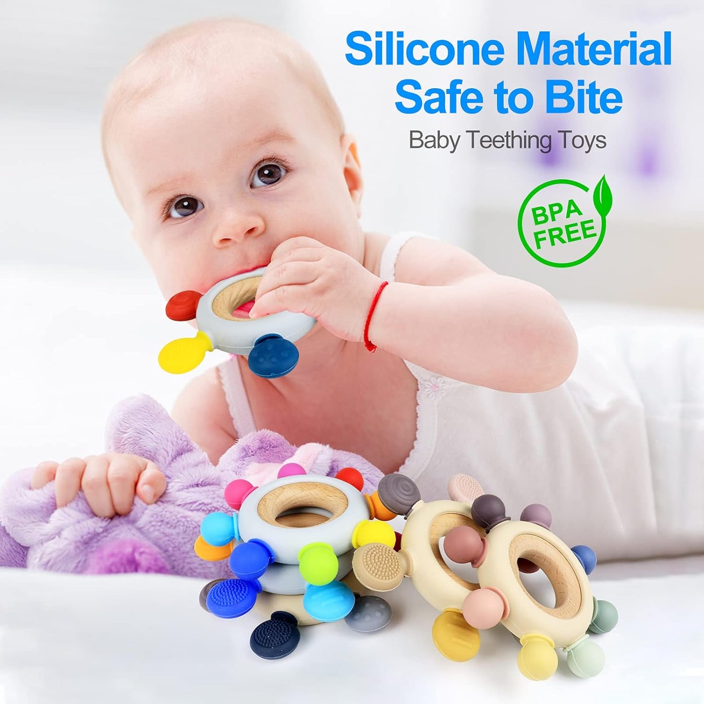 Baby Teething Toys Silicone Teethers BPA Free Silicone Rudder with Wooden Ring Soothe Babies Gums (Rainbow)