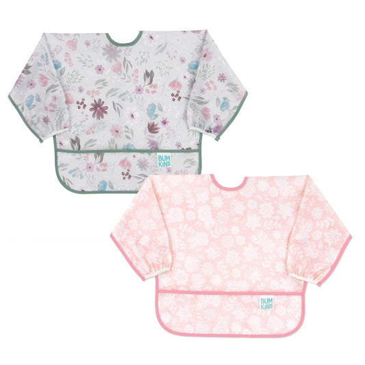 Bumkins - Sleeved Bib - For Boys & Girls, Babies & Toddlers 6-24 Months - Lightweight, Durable, Waterproof - Long Sleeve Bib - Catch-All Pocket - Wipeable & Machine Washable - Floral & Lace - 2 Pack