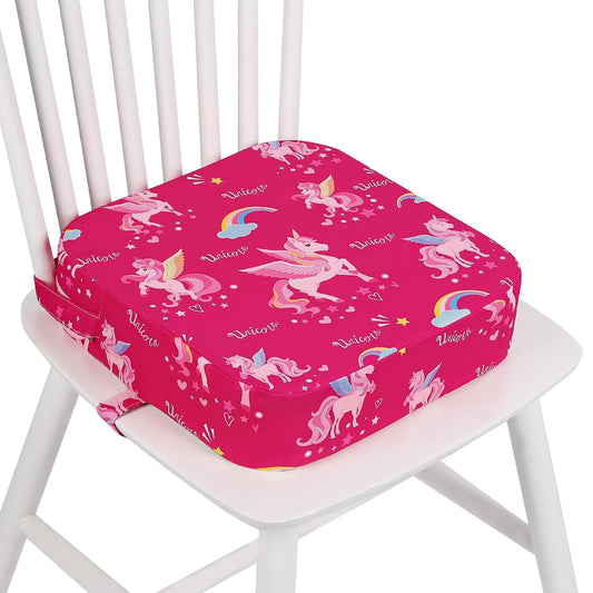 Toddler Booster Seat for Dining Table, Kids Booster Seat for Kitchen Chair with Non-Slip Bottom, Portable Detachable Washable Increasing Cushion with 2 Adjustable Straps (Unicorn)