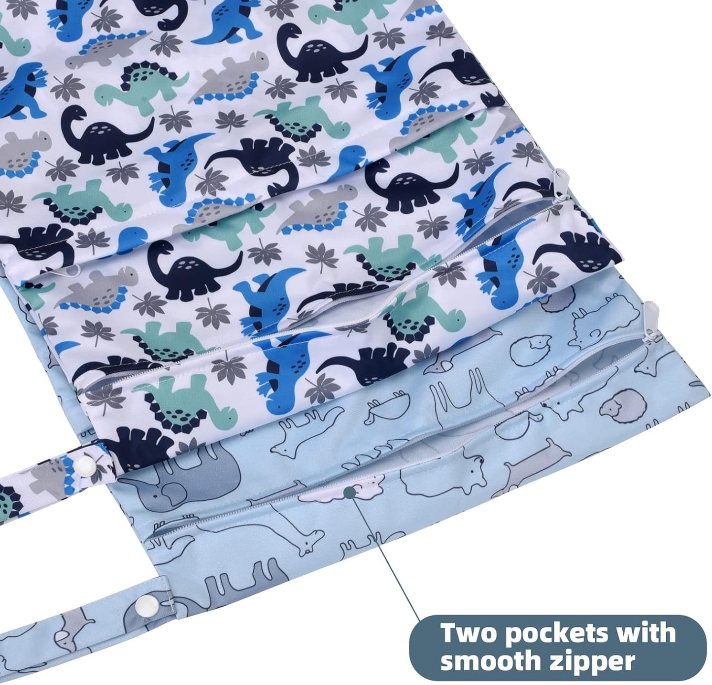 2pcs Cloth Diaper Wet Dry Bags Waterproof Reusable with Two Zippered Pockets Travel Beach Pool Daycare Soiled Baby Items Yoga Gym Bag for Swimsuits or Wet Clothes-Cute Animal,Dinosaur