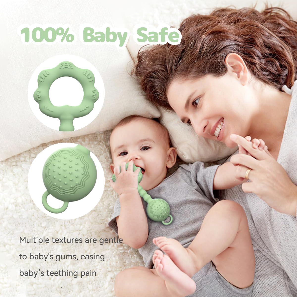 Teethers for Babies 6-12 Months, Baby Rattles 0-6 Months, 2-in-1 Rattle and Teether Toy for Soothing Sore Gums and Keeps Little Ones Entertained, Food Grade Silicone, Green