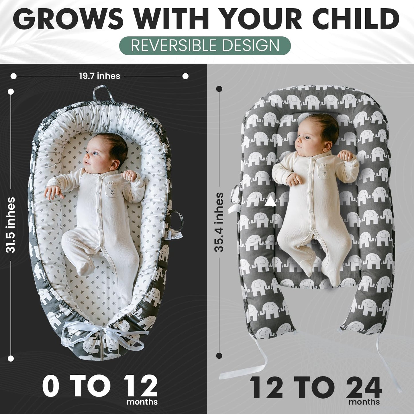 TKC Baby Lounger 0-24 Months | Adjustable Infant Lounger | Breathable Organic Cotton Cover | Reversible, Portable Baby Nest | Includes Bib | Elephant