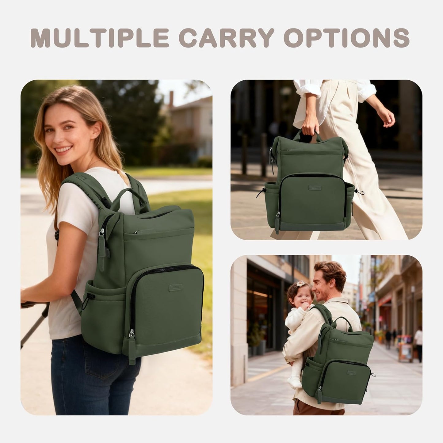 VONAL Neoprene Diaper Bag Backpack with Changing Pad, 33L Large Capacity Neoprene Backpack Baby Diaper Bag with Insulated Pockets, Travel Diaper Backpack Baby with 12 Pockets for Mom & Dad, Green