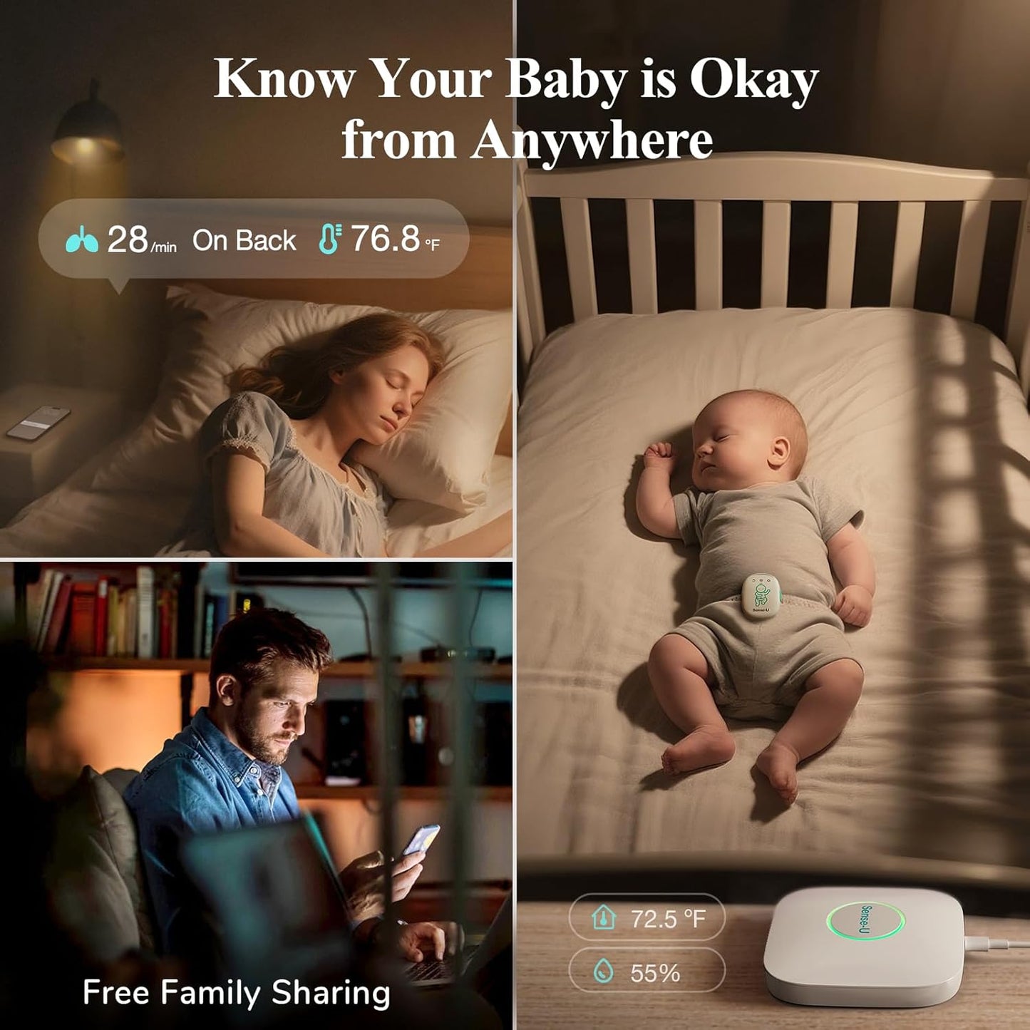 Sense-U Pro Baby Monitor(Long Range) – Tracks Breathing Movement, Rollover & Temperature Anywhere for Better Sleep, Simple Clip-On Smart Tracker with Arousal Vibration, Audible Alerts & Sleep Analysis