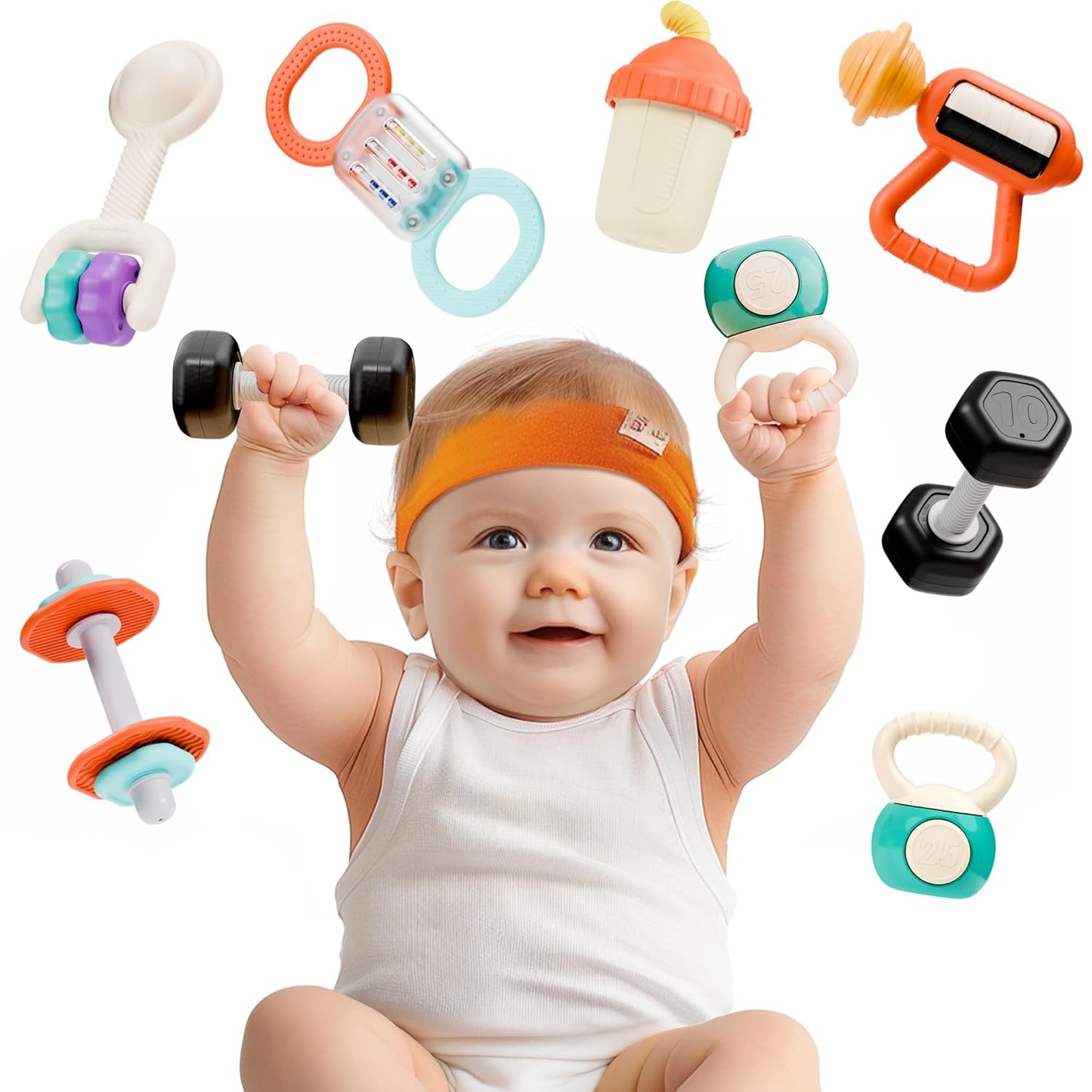 iPlay, iLearn Baby First Gym Rattle Set, Infant Dumbbell Weights Teething Rattles 3-6-12 Month, Newborn Workout Sensory Stroller Toy, Babies Birthday Shower Gift 5 7 8 9 10 Month Toddler Boy Girl-7PCS