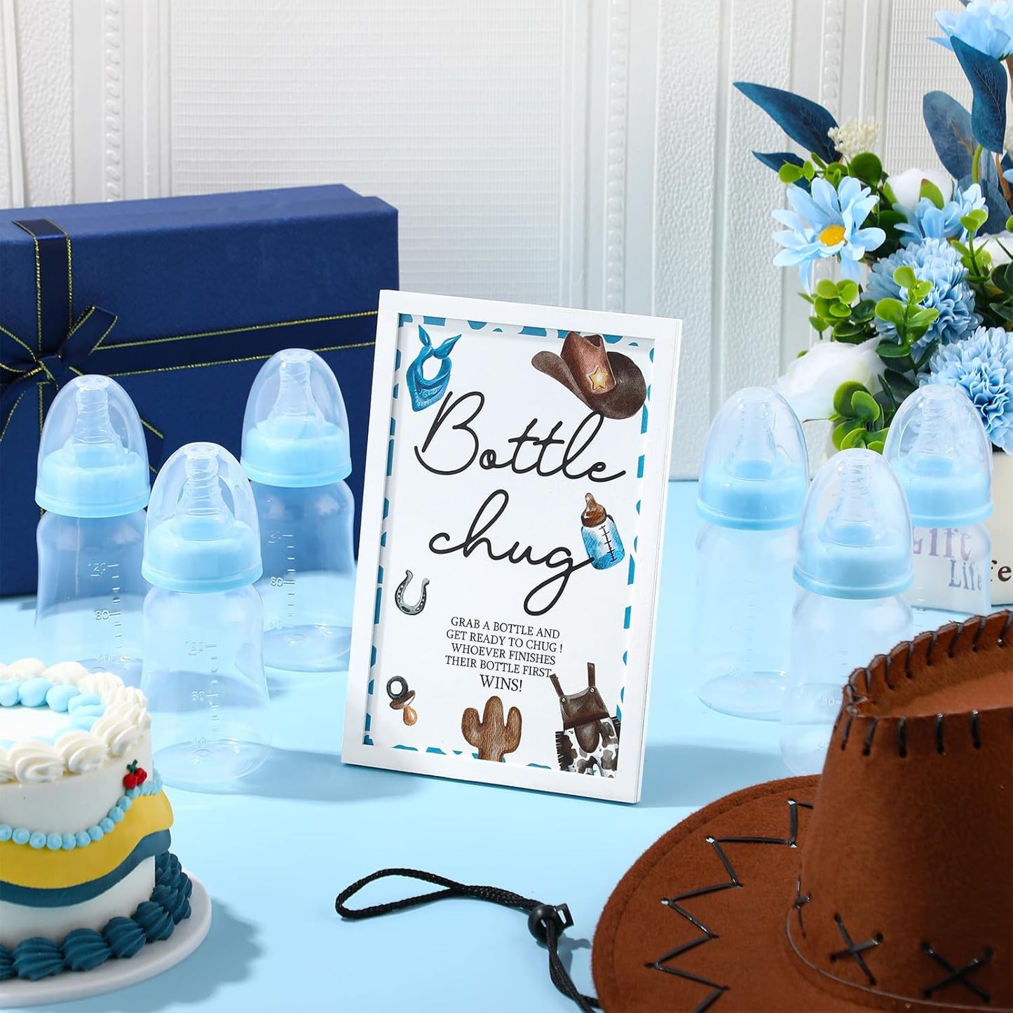 Roowest Bottle Chug Baby Shower Games Sets Including 18 Pcs Feeding Bottles with 1 Bottle Chug Wooden Sign for Gender Reveal Baby Shower Party Supplies(Blue,Cowboy)