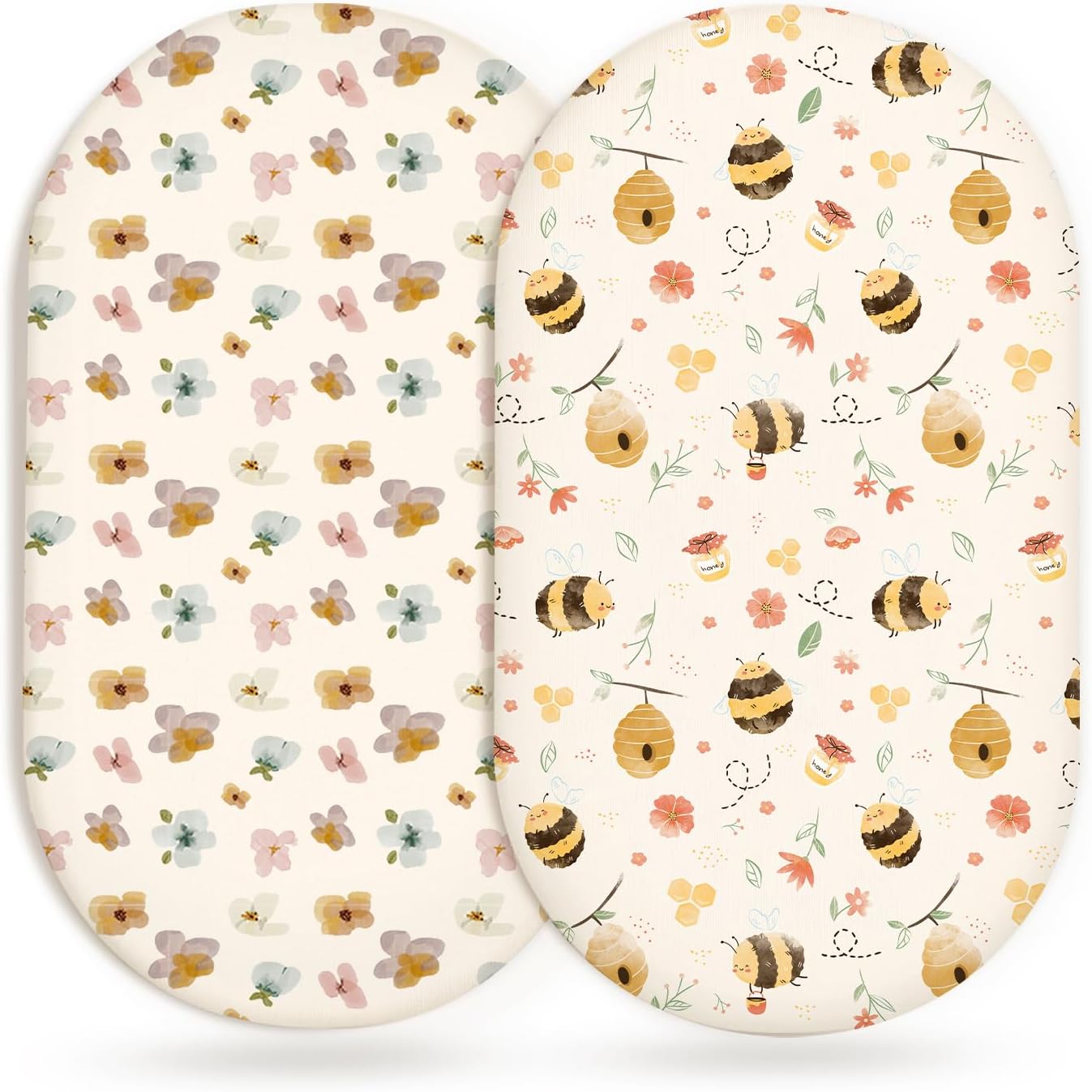 Bassinet Sheets for Baby Girls Boys 2 Pack, Fitted Baby Mattress Sheet for Rectangle, Oval, Hourglass Bassinet Mattress, Breathable Cozy & Universal Fit (Bee Happy)