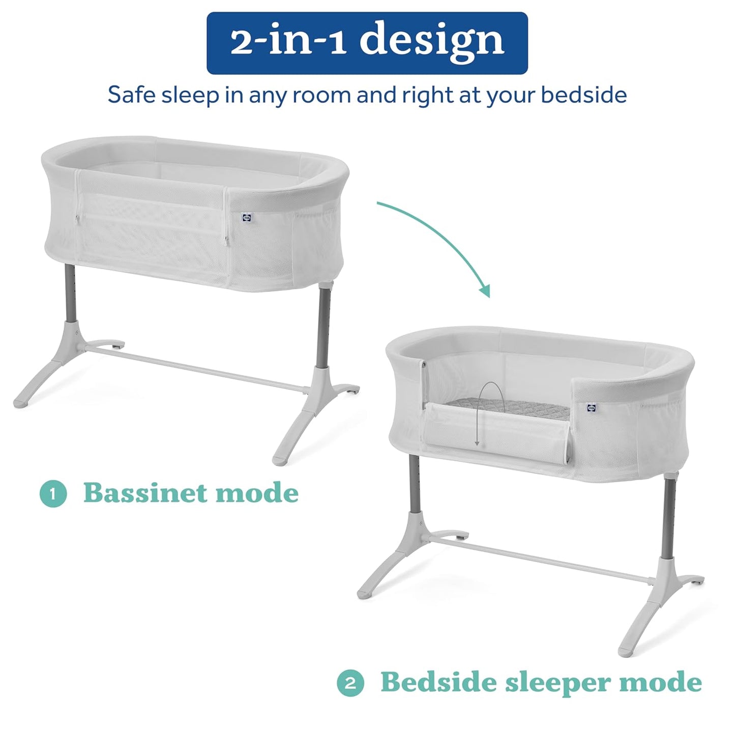 SEALY BABY Airy Dreams, Breathable, Portable Bedside Bassinet Sleeper, 2-in-1, Newborn Room Sharing, Adjustable Height, 9 Settings, Storage Pocket, Drop Down Panel