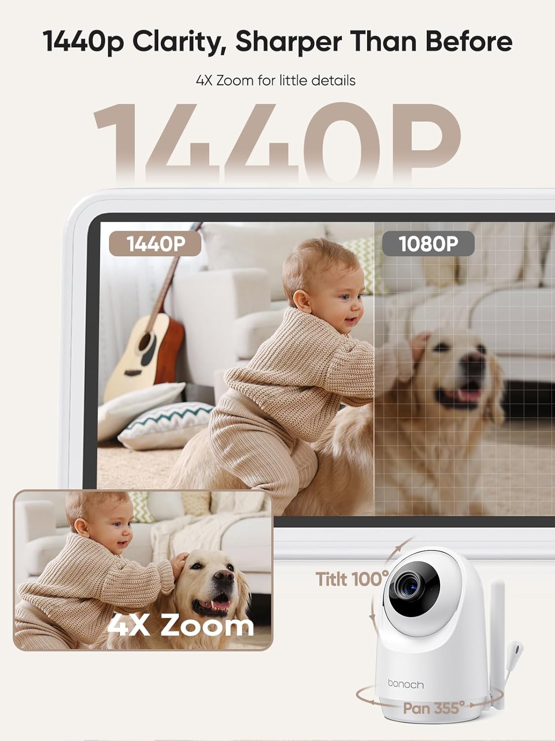 bonoch 1440p Baby Monitor with Camera and Audio, Smart No WiFi Baby Camera, 5.5" Video Monitor, AI Crying/Motion/Turn Over Detect, 240h Lasting, Hack Proof, Auto Night Vision, VOX Mode, White Noise