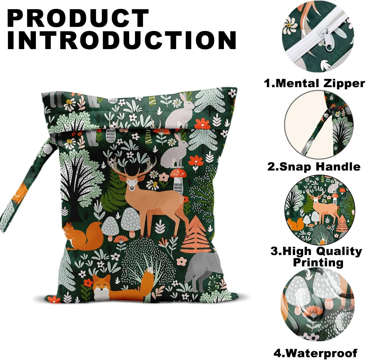 Forest Animal Wet Bags 12x10 Inch, Cottage Core Botanical Waterproof Travel Laundry Bags, Squirrel Fox Wolf Reusable Wet Dry Bag for Swimsuit Pool Beach Diapers Dirty Yoga Gym Clothes