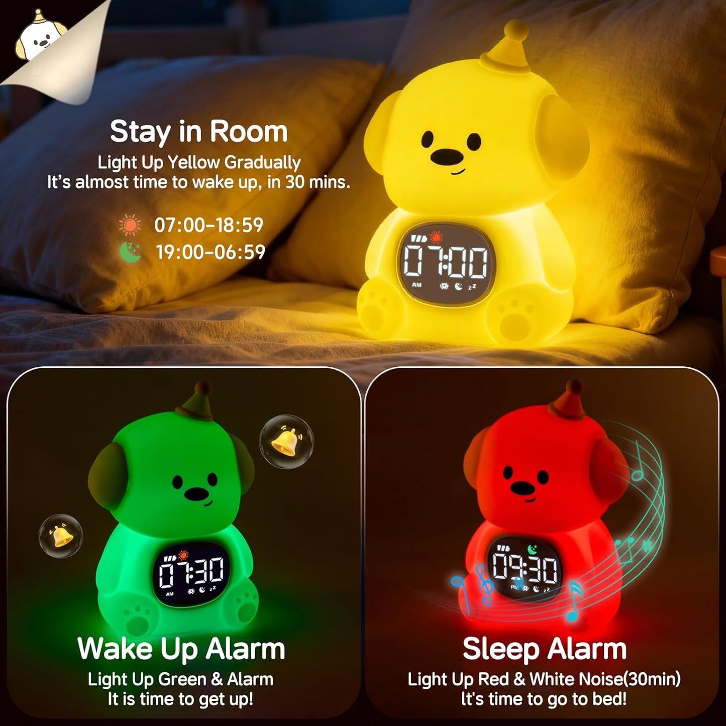 Alarm Clock for Kids with Night Light, Sleep Training Clock Time to Wake Clock, Rechargeable Silicone Light for Bedroom, Perfect Sleep Companion for Boys Girls,Dog
