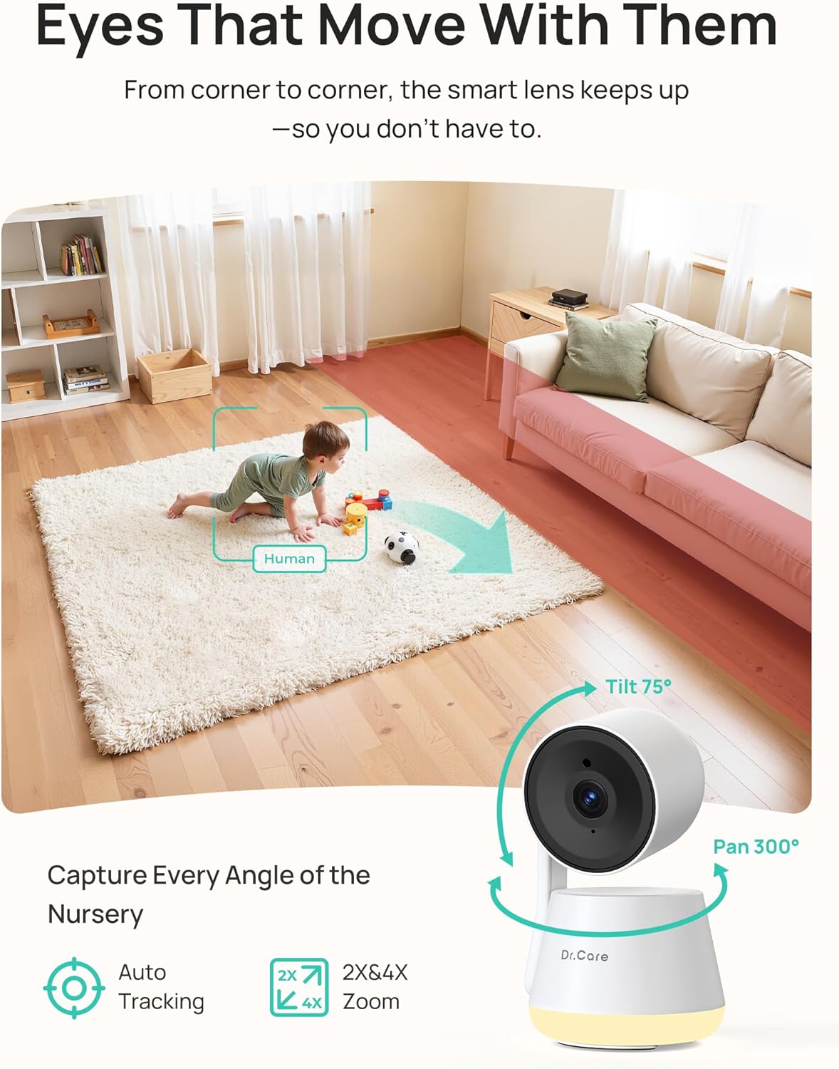 Dr.Care LumiView Plus Smart WiFi Baby Monitor with Clip Mount - 5.5" 1080P Split Screen & 2K Camera, Privacy Mode, Cry & Motion Alerts, 5000mAh Removable Battery, RGB Night Light, HD Night Vision