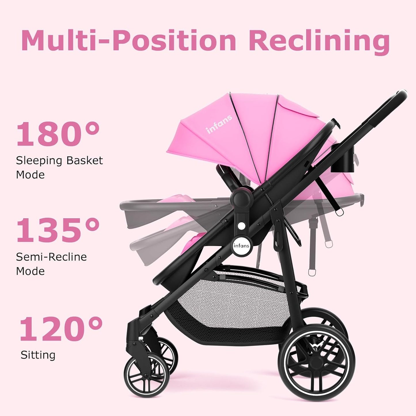 INFANS 2 in 1 Baby Stroller, High Landscape Infant Stroller & Reversible Bassinet Pram, Foldable Pushchair with Adjustable Canopy, Storage Basket, Cup Holder, Suspension Wheels (Pink)
