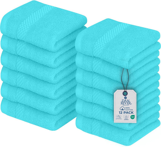 DAN RIVER 12-Pack Premium 100% Cotton Aqua Face Towels – Reusable Face Towel Set, Absorbent & Soft Wash Cloths for Bathroom & Body – Hand and Face Towels, 550 GSM (12x12 in)