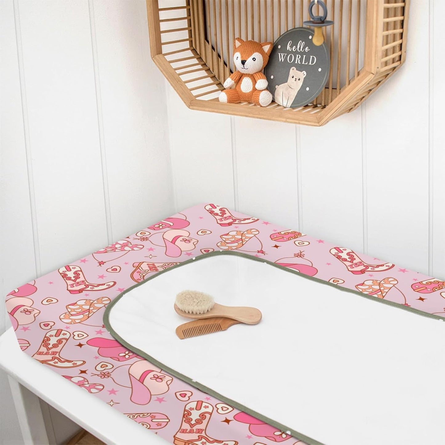 Western Cowgirl Yee Haw Hat Boots Changing Pad Cover for Baby Girls, Pink Cow Lover Star Wild West Diaper Change Table Covers, Soft Stretchy Safe Snug Fitted Changing Mat Sheets Fit 32