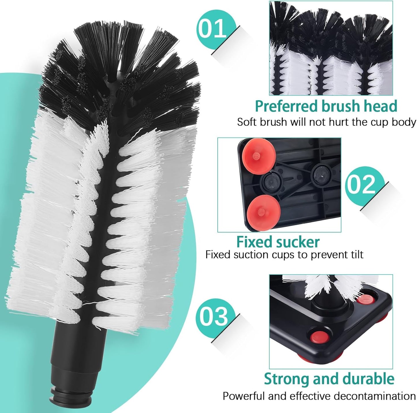 Havawish 3 Pack Water Bottle Cleaning Brush with Suction Base, 3 Head Bristle Bar Glass Washer for Sink, Cup Washer Brush Cleaner for Bar Beer Cup, Wine Glass(7.3 x 3.7 x 7.5)