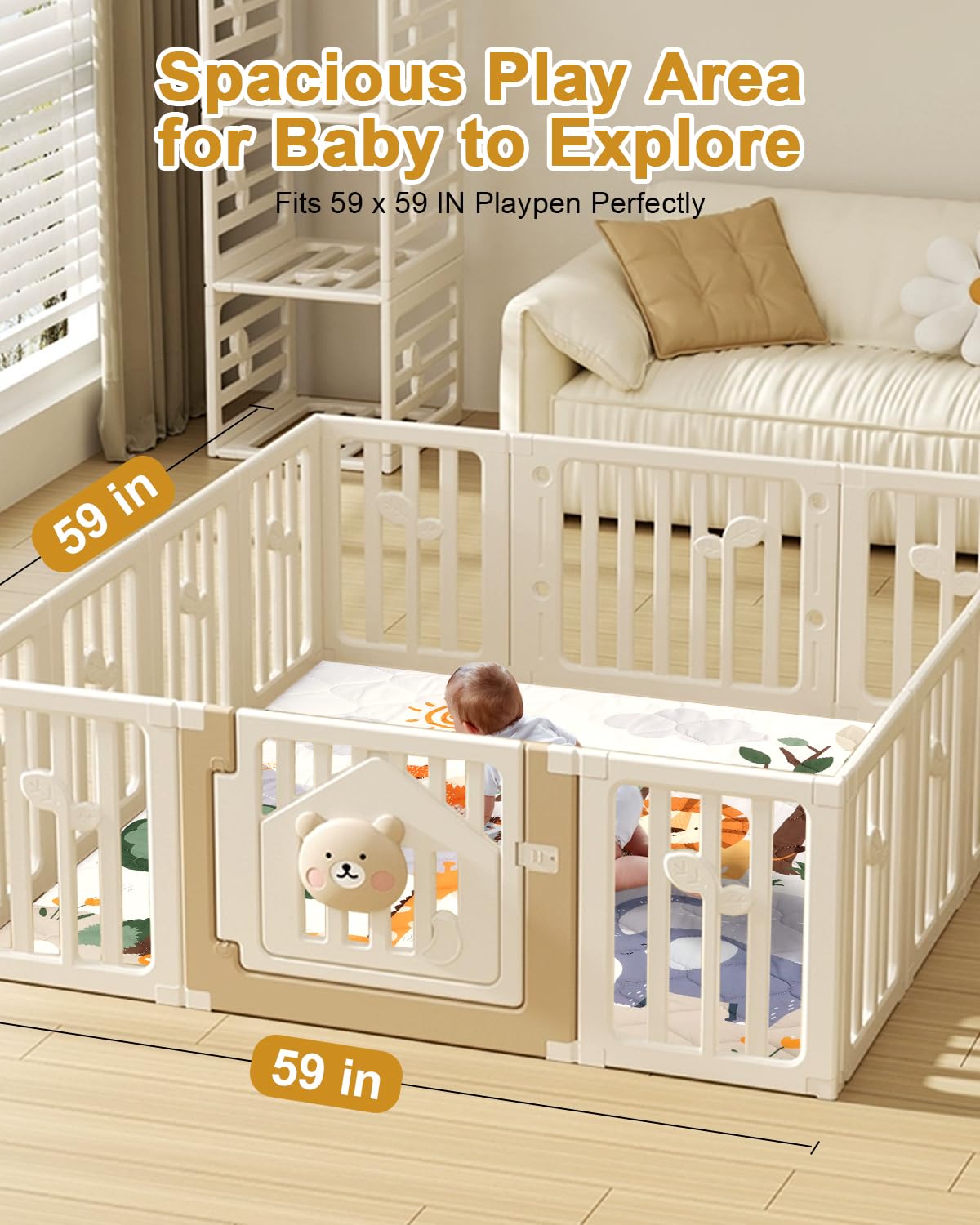 Premium Foam Baby Play Mat 59" x 59" – Removable & Machine Washable Cover, Extra Thick Padding Playpen Mat, Non-Slip Crawling Mat, Easy to Clean for Infants, Toddlers & Babies