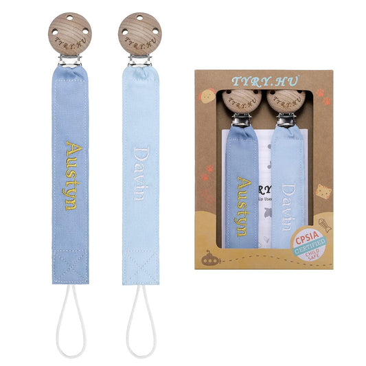 TYRY.HU Personalized Pacifier Clip with Name, Embroidery Pacifier Holder for Baby Girls and Boys, Neutral Binky Clips Universally Fit All Pacifiers & Baby Toys, Baby Gift, 2 Pack(Blue,Light Blue)