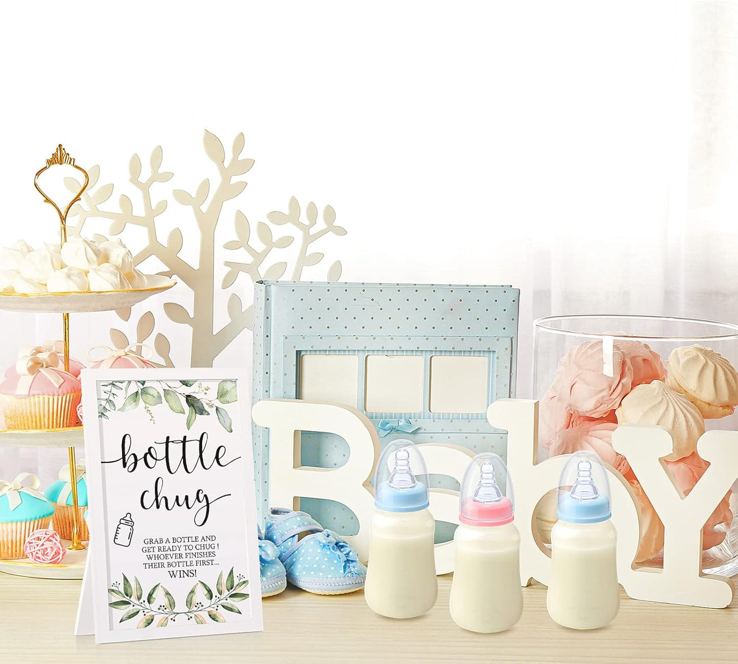 Roowest Bottle Chug Baby Shower Games Sets Including 18 Pcs Feeding Bottles with 1 Bottle Chug Wooden Sign for Gender Reveal Baby Shower Party Supplies(Pink, Blue,Eucalyptus)
