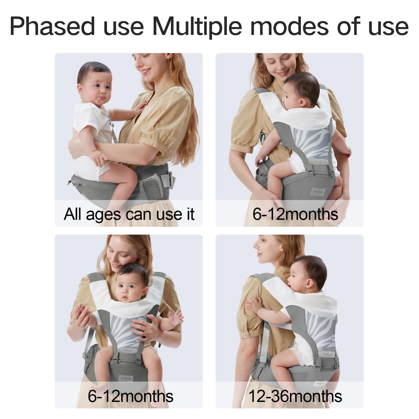 Baby Carrier Newborn to Toddler with Hip Seat, Multifunction Baby Hip, 4-in-1 Ergonomic Infant Carrier (Ergonomic M Position) Adjustable & Removable Baby Holder Carrier for 0-36 Months (Grey)